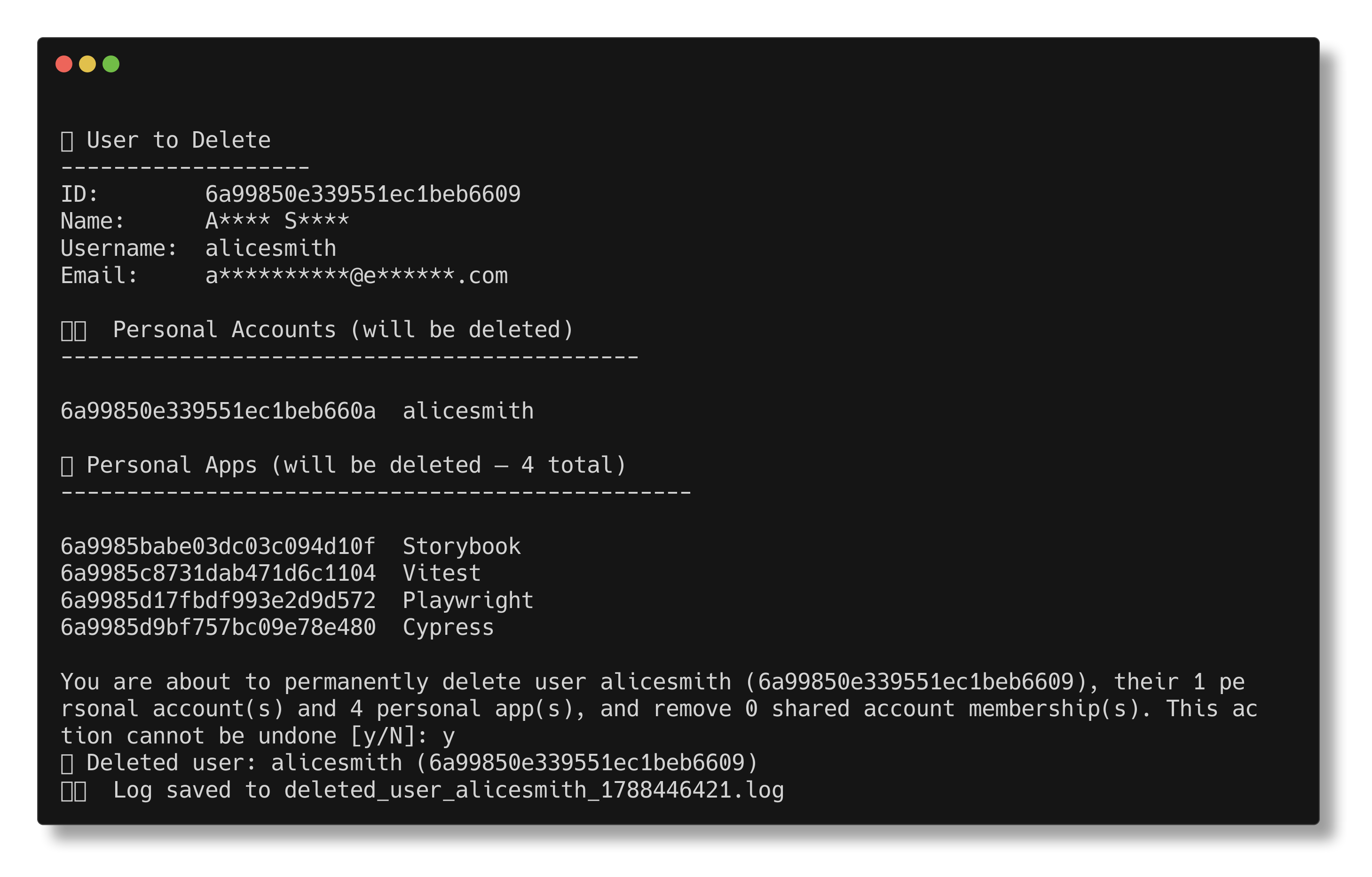 Chroma CLI preview of a user deletion with redacted name and email, a list of affected accounts and apps, and a confirmation prompt before permanent deletion