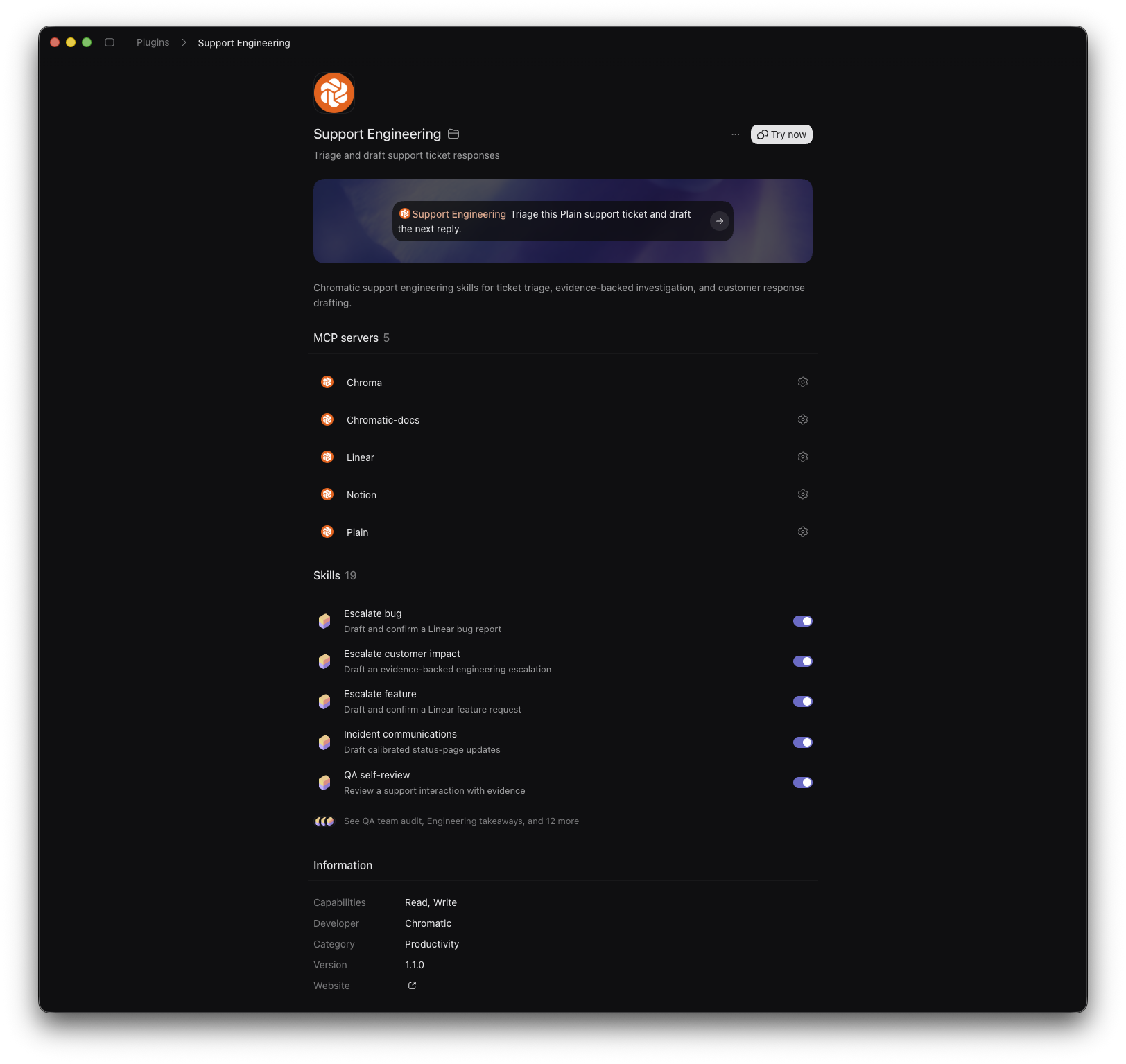 Support Engineering displayed as a Codex plugin with five MCP servers and 19 skills